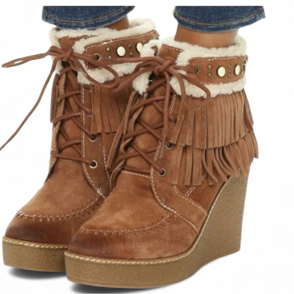 Sam Edelman Kemper Fringe Tie up Ankle Boot Wedge|Sam Edelman Ankle Boots